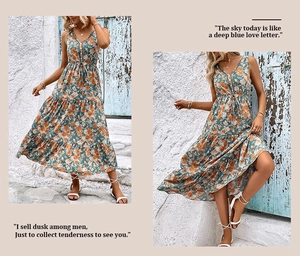 Detailed view of V-neck floral maxi dress with button front and tiered skirt hem