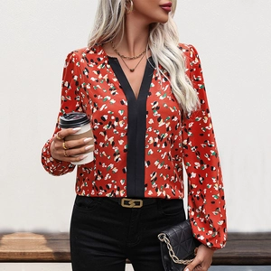 Women Casual V Neck Floral Print Blouse Contrast Trim Long Sleeve Polyester Shirt Loose Fit Fashion Tops For Spring Autumn
