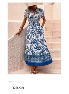 Detail of blue floral maxi dress featuring a V-neckline and adjustable drawstring waist