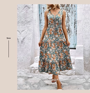 Macro detail of sleeveless V-neck floral dress showing drawstring waist and buttoned front