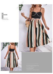 Detail showing the retro striped A-line skirt with a chic metal chain strap neckline