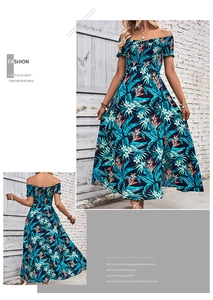 Detail of off-shoulder maxi dress featuring tropical floral print and lightweight fabric