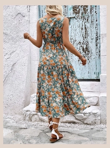 Rear view of sleeveless floral maxi dress with tiered skirt and waist detail