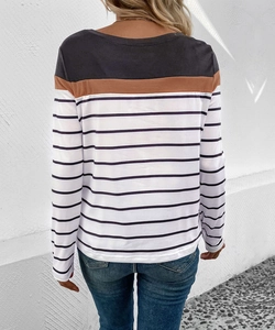 Detailed back view of women striped long sleeve t-shirt with color block design