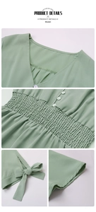 Detail view of V-neck, button placket, smocked waist, and bow cuffs on sage green dress
