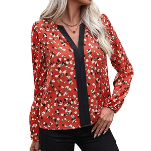 Women's V-neck long sleeve floral chiffon blouse with red base and black contrast trim