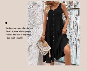 Detail of a black sleeveless tiered dress with button-down front and casual summer style