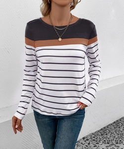 Detail showing the crew neck design with navy stripes and color-block patchwork on long sleeve top