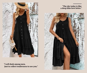 Detail of black sleeveless tiered maxi dress with button-front and boho cotton texture