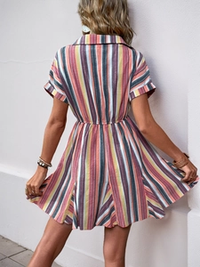 Back view of a colorful striped short sleeve dress with elastic waist and shirt collar