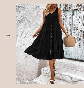 Detail of a black sleeveless tiered midi dress with front buttons and ruffled hem