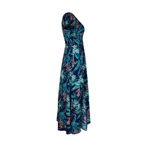 Detail of dark blue summer dress featuring vibrant tropical floral patterns and high waist cut