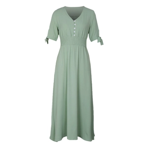 Elegant light green V-neck midi dress with elastic waist and bow sleeves for women