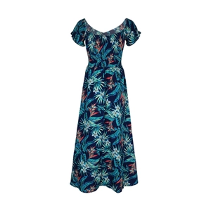Detail of tropical floral print on a navy blue summer maxi dress with ruffled sleeves