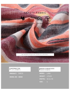 Detail of soft breathable fabric with vibrant wave stripes and model fit parameters