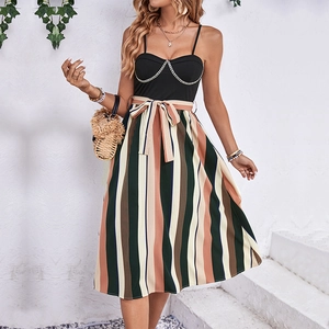 Women Elegant Patchwork Cami Dress Vertical Stripe A-Line Midi Dress With Chain Decor Summer Sleeveless Belted Dress