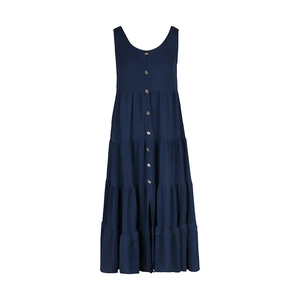 Detail view of navy blue tiered sleeveless dress with textured fabric and button front