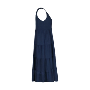 Detailed side view of dark blue tiered sleeveless maxi dress with a textured fabric finish