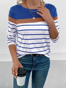 Detail of crew neck and color-block striped sleeves on women's long sleeve casual top