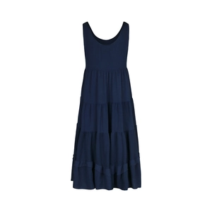 Detail view of navy blue sleeveless tiered dress with multi-layer pleated skirt design