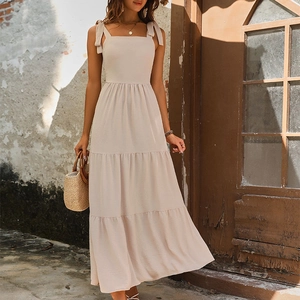 Women Summer Elegant Apricot Maxi Dress Tie Backless Bow Shoulder Tiered Cake Skirt Smocked Back Vacation Beach Long Dress
