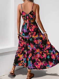 Summer floral maxi dress with backless bow tie and tiered A-line skirt detail