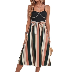 Women sleeveless midi dress with contrast striped patchwork skirt and waist tie belt