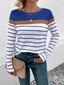 Detail of crewneck striped long sleeve t-shirt with navy colorblock and cotton texture
