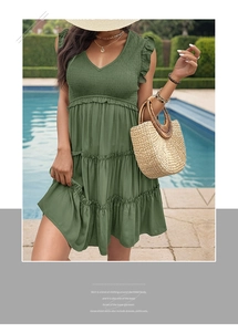 Detail of V-neck ruffled bodice and tiered skirt on a lime green summer vacation dress