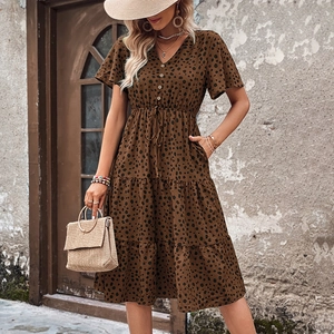 Women Casual V Neck Flutter Sleeve Printed Tiered Midi Dress Summer Vacation Polyester Leopard Polka Dot A Line Dress