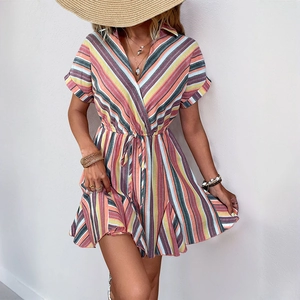 Women Summer Colorful Striped V Neck Short Sleeve Dress Bohemian Vacation A Line Mini Dress With Drawstring Waist