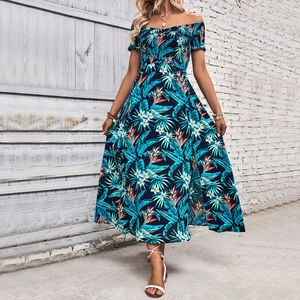 Women Off Shoulder Tropical Floral Maxi Dress Summer Beach Vacation Smocked Waist Split Long Dress Navy Blue Polyester