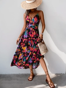 Women's summer floral V-neck maxi dress with abstract print and tiered A-line skirt
