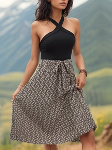 Robe Midi à Dos Nu pour Femmes Sans Manches Patchwork Imprimé Géométrique Plissée Ligne A Avec Ceinture à Nouer