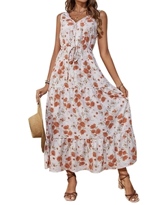 Detail of V-neck summer maxi dress with orange floral print and buttoned drawstring waist