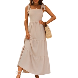 Elegant beige tiered maxi dress with wide tie straps and square neck for women