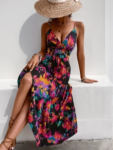 Floral print V-neck cami maxi dress with tiered skirt for summer beach vacation