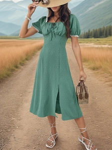 Dark green floral jacquard midi dress with puff sleeves and lace trim detail