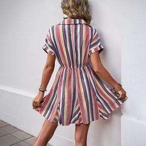Colorful vertical striped mini dress with batwing sleeves and cinched waist design