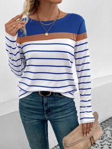 Detail shot of the crew neck collar and contrast stitching on the striped long sleeve top