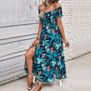 Tropical print off-shoulder maxi dress with side slit and palm leaf patterns for summer