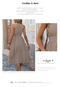Detail of waist tailoring and brown-white geometric texture on halter pleated dress