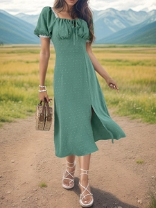 Green jacquard midi dress with lace trim square neck and puff sleeves for summer