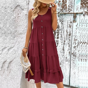 Elegant sleeveless wine red tiered maxi dress with decorative buttons and tiered skirt