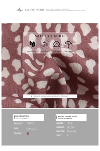 Detail of soft breathable red-brown fabric with white animal print and size chart info