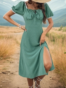 Sage green Swiss dot midi dress with lace trim bubble sleeves and side slit design