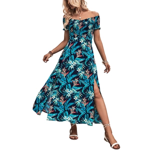 Off-the-shoulder tropical print maxi dress with side slit for summer beach vacation
