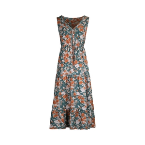Detail of V-neckline with braided trim and white buttons on floral print sleeveless maxi dress