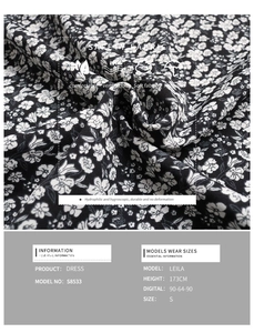 Detail of lightweight floral fabric texture and model size specifications for summer dress