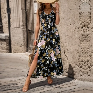 Abito Lungo da Donna Bohemien con Stampa Floreale Senza Schienale Scollo a V Spacco Elegante Estate Vacanza